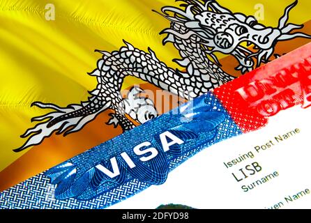 Visto di immigrazione del Bhutan. Closeup Visa to Bhutan focalizzato su Word VISA, rendering 3D. Viaggio o migrazione a destinazione Bhutan concetto con visto in pa Foto Stock