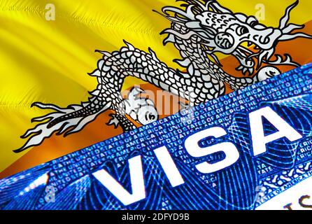 Primo piano del documento visto del Bhutan. Visto per passaporto sulla bandiera del Bhutan. Visto visitatore Bhutan in passaporto, rendering 3D. Multi ingresso Bhutan in passaporto. Primo piano Foto Stock