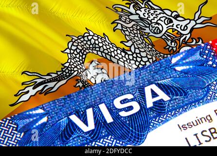 Visto Bhutan timbro in passaporto con testo VISA. Passaporto viaggio all'estero concetto. Concetto Bhutan: Messa a fuoco selettiva, rendering 3D. Immigrazione Foto Stock