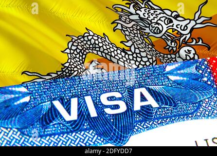 Visto Bhutan. Viaggio in Bhutan focalizzato su Word VISA, rendering 3D. Bhutan Immigrate concetto con visto in passaporto. Ingresso turistico del Bhutan in passaporto Foto Stock