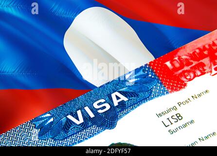 Visto per l'immigrazione del Laos. Closeup Visa to Laos focalizzato su Word VISA, rendering 3D. Viaggio o migrazione verso la destinazione del Laos con visto in passaporto Foto Stock