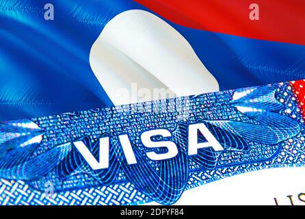 Laos Visa. Viaggio in Laos focalizzato su Word VISA, rendering 3D. Laos Immigrate concetto con visto in passaporto. Ingresso turistico del Laos in passaporto. VISA U Foto Stock