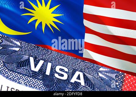 Documento di visto per la Malesia, con bandiera malese in background. Bandiera della Malesia con testo di primo piano VISTO su Stati Uniti visto timbro in passaporto, 3D rendering.Visa passpo Foto Stock