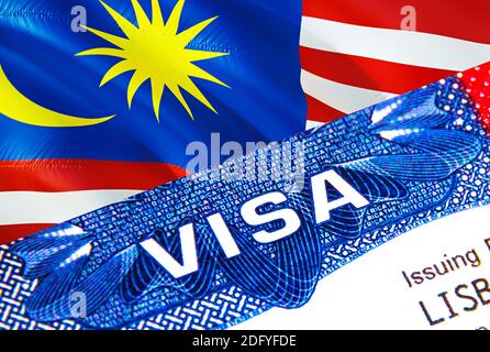 Malaysia visto in passaporto. Visto immigrazione USA per cittadini malesi focalizzato su Word VISA. Visto di viaggio per la Malaysia in primo piano per l'identificazione nazionale, Foto Stock