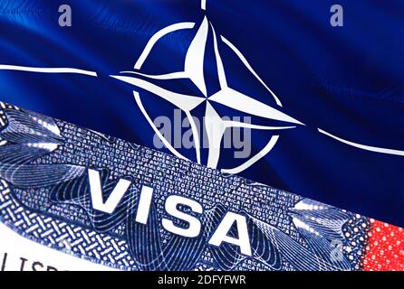 Documento di visto NATO, con bandiera NATO sullo sfondo. Bandiera NATO con testo di primo piano VISTO sugli Stati Uniti visto timbro in passaporto, 3D rendering.visto passaporto timbro tra Foto Stock