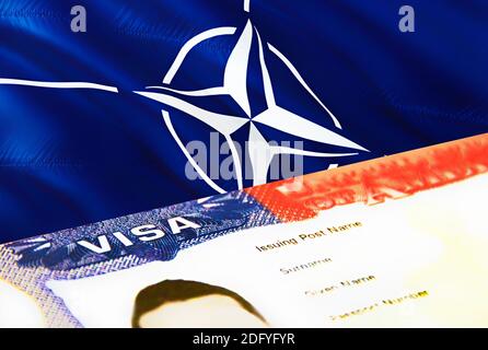 Primo piano del documento sull'immigrazione della NATO. Visto per passaporto sulla bandiera NATO. Visto visitatori NATO in passaporto, rendering 3D. Visto multi ingresso NATO in passaporto. STATI UNITI Foto Stock