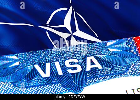 Visto NATO. Viaggio in NATO concentrandosi su Word VISA, rendering 3D. Il concetto di immigrazione della NATO con il visto in passaporto. Ingresso turistico NATO in passaporto. VISA U Foto Stock