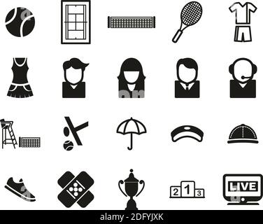Tennis Sport & Equipment icone Black & White Set Big Illustrazione Vettoriale