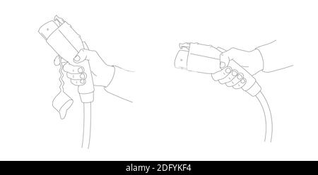 Illustrazione lineare delle maniglie di ricarica per auto elettriche. Due posizioni di mano, caricabatterie di linea con filo, grafico realistico profilo, elettro auto Illustrazione Vettoriale