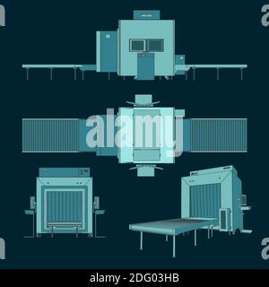 Illustrazione vettoriale stilizzata di illustrazioni cartoni animati dello scanner per bagagli a raggi X. Illustrazione Vettoriale