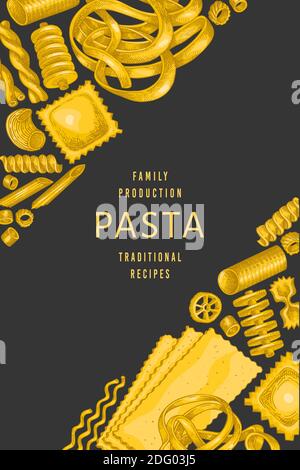 Modello italiano per la pasta. Illustrazione del cibo vettoriale disegnata a mano. Pasta vintage di diversi tipi di sfondo. Illustrazione Vettoriale