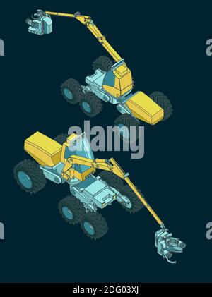 Illustrazioni vettoriali stilizzate di una vista isometrica della macchina raccoglitrice di foreste Illustrazione Vettoriale
