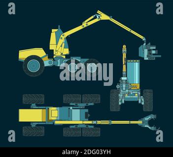 Illustrazioni vettoriali stilizzate di una macchina raccoglitrice di foreste Blueprint colorati Illustrazione Vettoriale