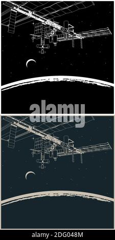 Illustrazione vettoriale stilizzata della stazione spaziale in orbita di pianeta Illustrazione Vettoriale