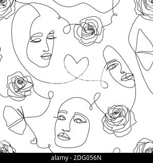 Un disegno astratto di arte contaminante contemporanea modello senza giunture moderno con le facce delle donne, fiori di rose, cuori, fatto da linea continua nera su bianco ba Foto Stock