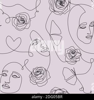 Un disegno di linea astratto arte contemporanea contaminante moderno modello senza giunture con facce femminili, fiori di rose, cuori, fatto da linea continua nera su bac rosa Foto Stock
