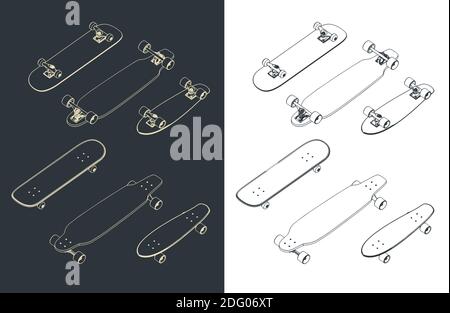 Illustrazione vettoriale stilizzata sul tema dello skateboard. Set mini disegni isometrici per skateboard Illustrazione Vettoriale