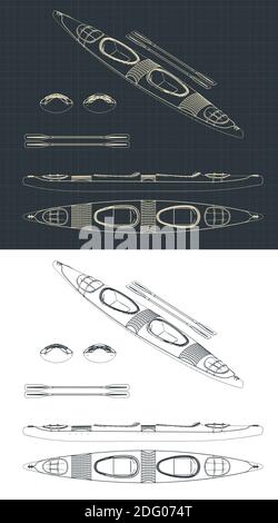 Illustrazione vettoriale stilizzata di disegni di un doppio kayak Illustrazione Vettoriale