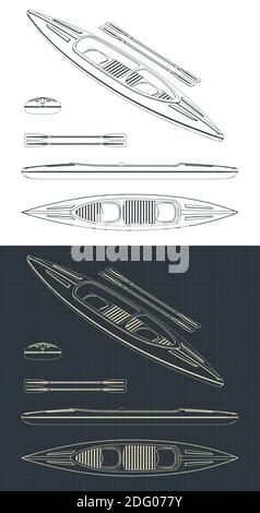 Illustrazione vettoriale stilizzata di disegni di un kayak Illustrazione Vettoriale