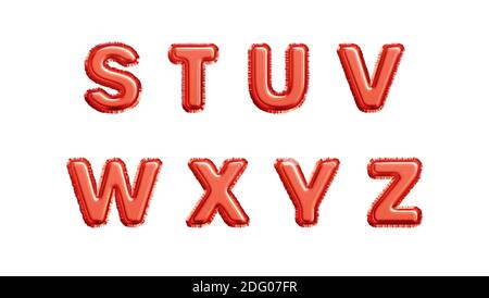 Realistico oro rosso palloncini metallizzati in lamina alfabeto isolato su sfondo bianco. S T U V W X Y Z lettere dell'alfabeto. Illustrazione vettoriale Illustrazione Vettoriale