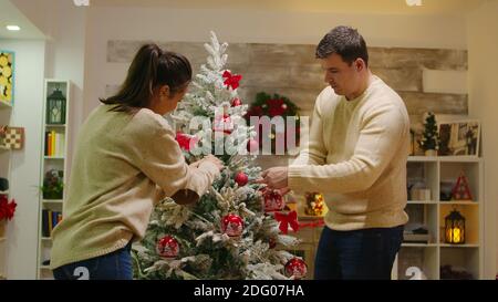 Uomo caucasico e donna felice di decorare il loro albero di natale. Vacanze invernali. Decorazione bello albero di Natale con decorazioni palla di vetro. Moglie e marito in abiti coordinati che aiutano a casa ornata con luci di ghirlanda Foto Stock