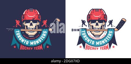 Emblema retrò di hockey sul cranio. Mascotte della squadra di hockey - scheletro in casco con bastone. Illustrazione vettoriale. Illustrazione Vettoriale