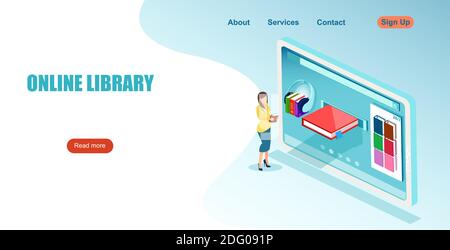 Concetto di libreria online. Vettore di una donna che usa libri online sul suo telefono o tablet. Illustrazione Vettoriale