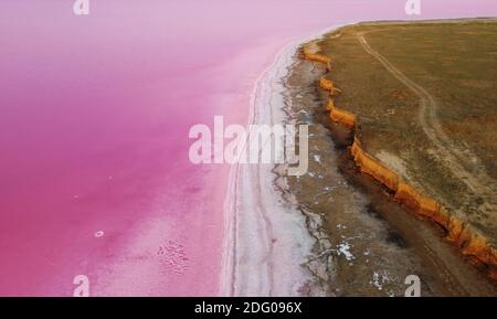 Bellissimo paesaggio sulle rive di un lago rosa che ha proprietà curative e un colore rosa naturale. Foto Stock