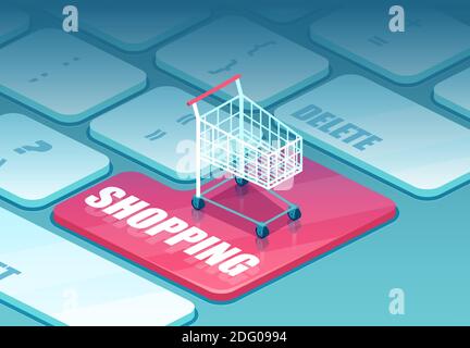 Concetto di shopping online. Vettore del logo di un carrello sulla tastiera di un laptop. Illustrazione Vettoriale
