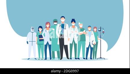 Vettore di un gruppo di medici e infermieri indossare maschere facciali Illustrazione Vettoriale