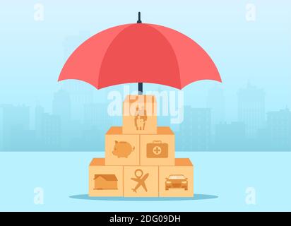 Auto, casa, viaggi, finanze, salute, famiglia e vita concetto di assicurazione Illustrazione Vettoriale