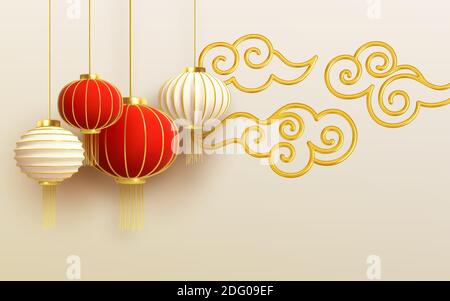 Modello di design cinese per il nuovo anno con lanterne rosse e nuvole sullo sfondo chiaro. Illustrazione vettoriale Illustrazione Vettoriale