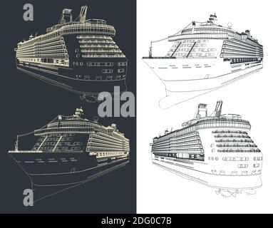 Illustrazione vettoriale stilizzata di disegni di navi da crociera di grandi dimensioni Illustrazione Vettoriale