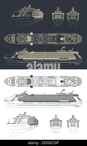 Illustrazione vettoriale stilizzata di disegni di navi da crociera di grandi dimensioni Illustrazione Vettoriale