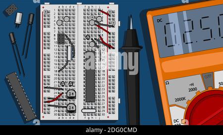 Illustrazione vettoriale stilizzata di un kit di componenti elettronici per l'elettronica ingegneri e appassionati di elettronica Illustrazione Vettoriale