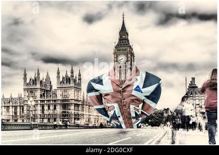 Lord Big ben vestito in una bandiera d'Inghilterra, Brexit accordo con l'UE o non accordo, Regno Unito Foto Stock