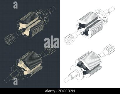 Illustrazione vettoriale stilizzata dei disegni isometrici del rotore del motore CC Illustrazione Vettoriale