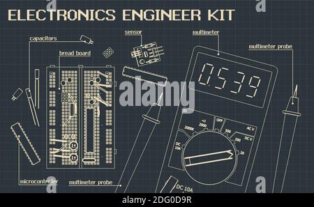 Illustrazione vettoriale stilizzata di un kit di componenti elettronici per l'elettronica ingegneri e appassionati di elettronica Illustrazione Vettoriale
