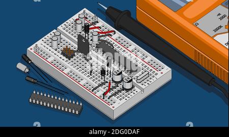 Illustrazione vettoriale stilizzata di un kit di componenti elettronici per l'elettronica ingegneri e appassionati di elettronica Illustrazione Vettoriale