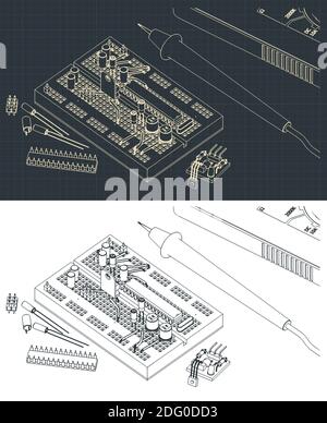 Illustrazione vettoriale stilizzata di un insieme di componenti elettronici per formazione di ingegneri elettrici e appassionati di elettronica Illustrazione Vettoriale