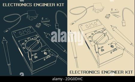Illustrazione vettoriale stilizzata di un insieme di componenti elettronici per formazione di ingegneri elettrici e appassionati di elettronica Illustrazione Vettoriale