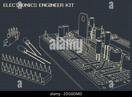 Illustrazione vettoriale stilizzata di un insieme di componenti elettronici per formazione di ingegneri elettrici e appassionati di elettronica Illustrazione Vettoriale