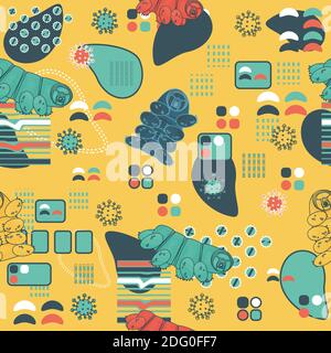 Giallo, blu, bianco, rosa tardigrado astratto ripetizione senza giunture con linee e punti Illustrazione Vettoriale