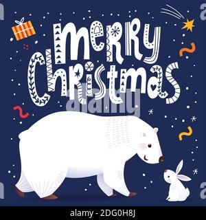 Allegra cartolina di Natale in nordico scandinavo disegnata a mano con carino personaggio orso Illustrazione Vettoriale