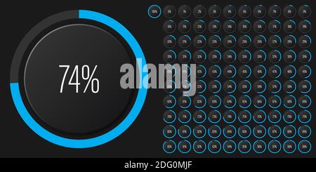 Set di diagrammi percentuali circolari metri da 0 a 100 pronti all'uso per il web design, interfaccia utente o infografica - indicatore con blu Illustrazione Vettoriale