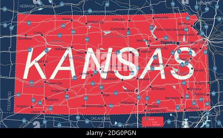 Kanzas stato dettagliato mappa modificabile con città e città, siti geografici, strade, ferrovie, interstatali e autostrade degli Stati Uniti. File vettoriale EPS-10, trendi Illustrazione Vettoriale