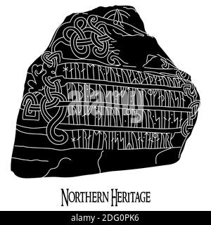 Antica pietra runica con motivo scandinavo inciso e rune Illustrazione Vettoriale