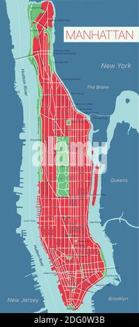 Lower e Mid Manhattan a New York Mappa vettoriale modificabile dettagliata con strade, siti geografici, strade. File vettoriale EPS-10, schema colori di tendenza Illustrazione Vettoriale
