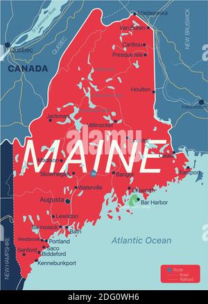 Maine stato dettagliato mappa modificabile con città e città, siti geografici, strade, ferrovie, interstatali e autostrade degli Stati Uniti. File vettoriale EPS-10, trend Illustrazione Vettoriale