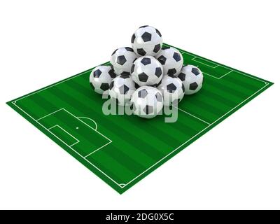 Campo di calcio e palla calcio isolato su bianco Foto Stock